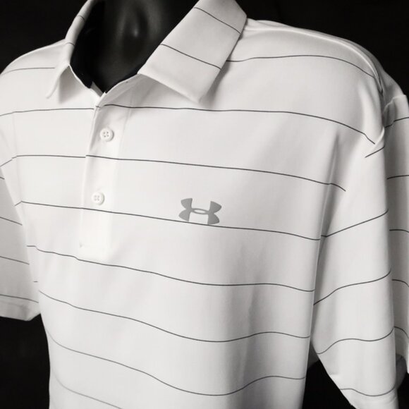 Under Armour Bright White Blue Pin-Striped Polo (XL) OMG! ⛳️ - Picture 2 of 9